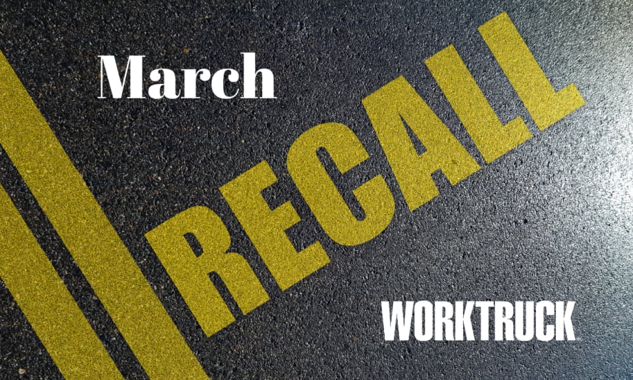 Pavement background with double yellow lines and large text that says Recall, March, and Work Truck logo.