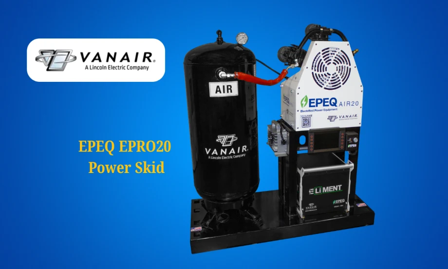 Blue background with image of an air compressor and battery pack, inset logo for Vanair at top left.