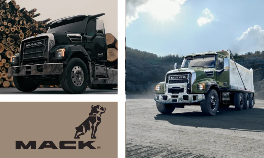 Two Mack trucks and an inset logo for Mack Trucks.