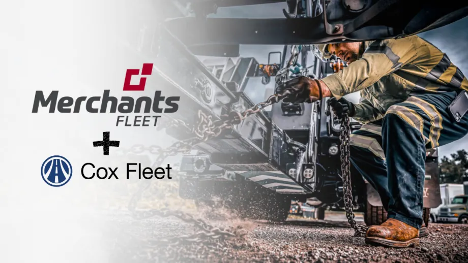 Technician securing chains on a work truck as Merchants Fleet and Cox Fleet announce an expanded partnership to support nationwide fleet maintenance and roadside service operations.