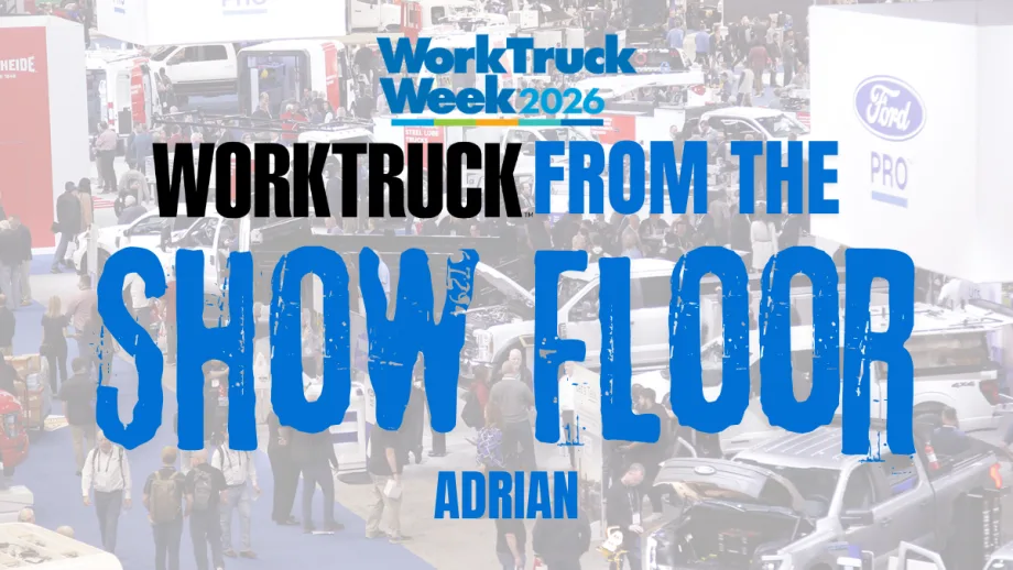 Work Truck Week 2026 show floor graphic highlighting Adrian as the company debuts new pickup cargo solutions and announces leadership changes.