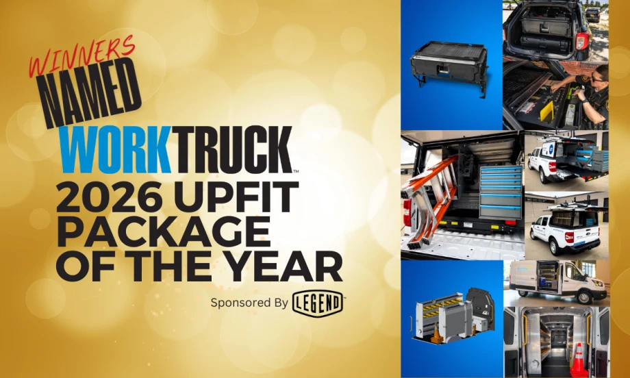 Graphic announcing the 2026 Work Truck Upfit Package of the Year winners featuring DECKED, Ranger Design, and Adrian Steel upfit solutions.