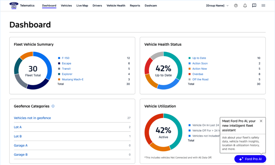 Image of a computer screenshot showing charts and data related to fleet management.