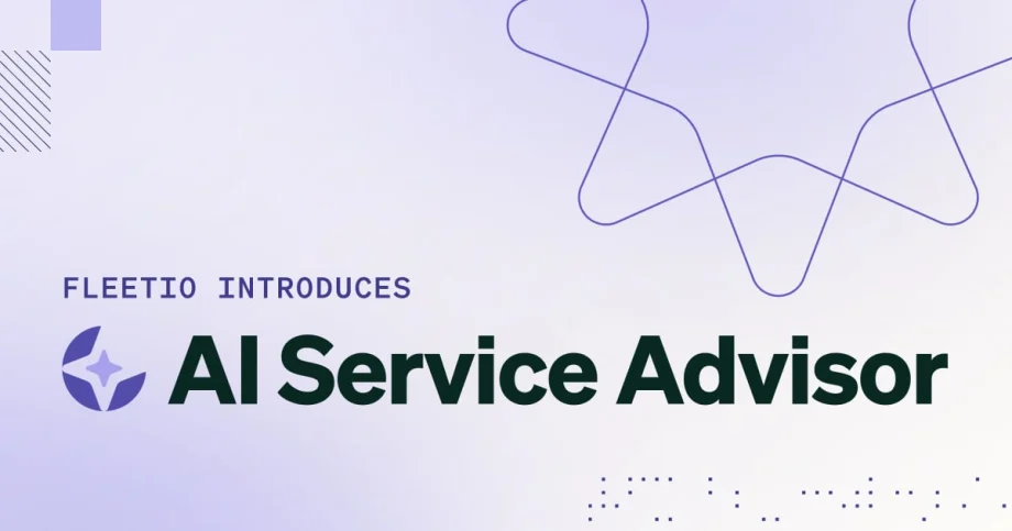 Bluish gray background with graphic elements and headlines Fleetio Introduces AI Service Advisor.