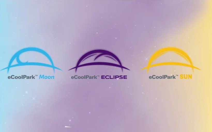 Blue-purple-yellow background with three logos for the eCoolPack series of products.