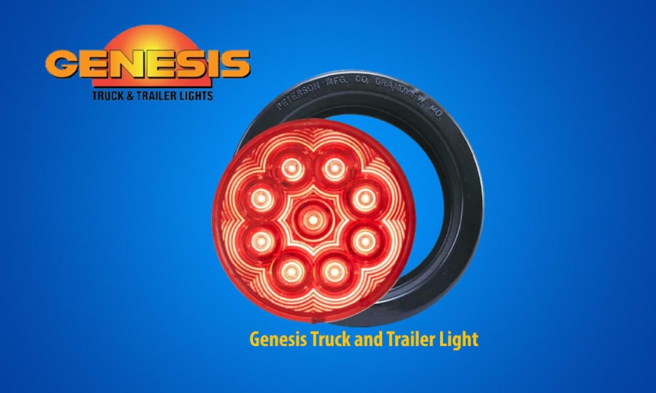 Blue background with a round LED vehicle and trailer light and a logo for Genesis in the upper left.