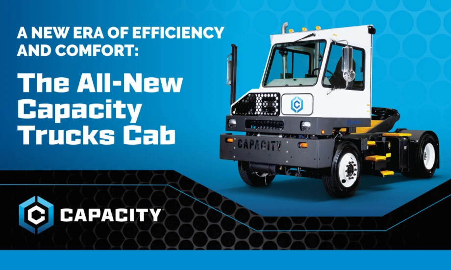 Blue and back background with image of a white terminal tractor truck and headline for The All-New Capacity Trucks Cab and a logo for Capacity.