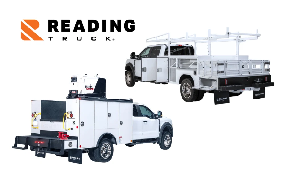 Two white work trucks against a white background with a logo for Reading Truck in the upper left of image.
