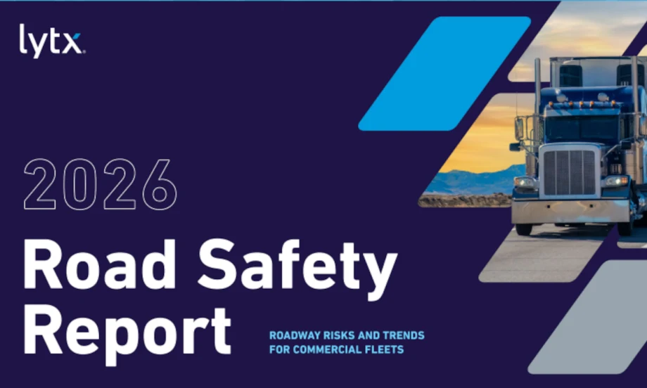 Purple background with gray and blue graphic elements at right, inset image of a truck, headline Road Safety Report, and small upper left logo for Lytx.