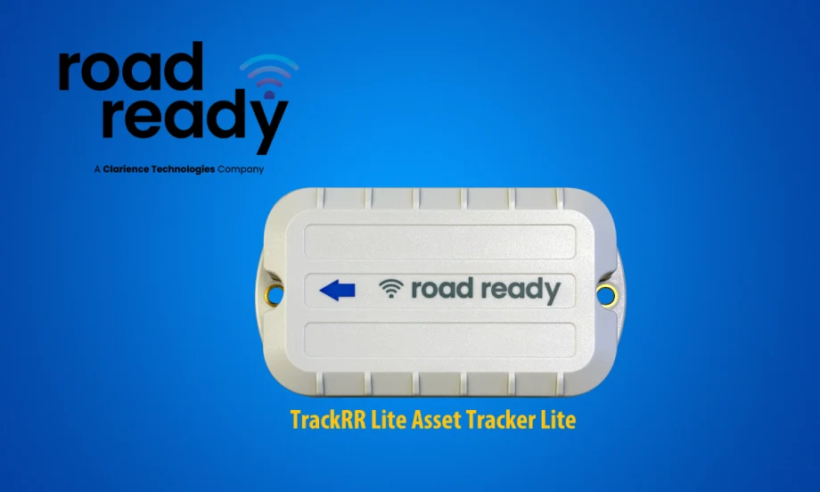 Blue background with image of a white plastic device, an asset tracker, and logo for Road Ready.