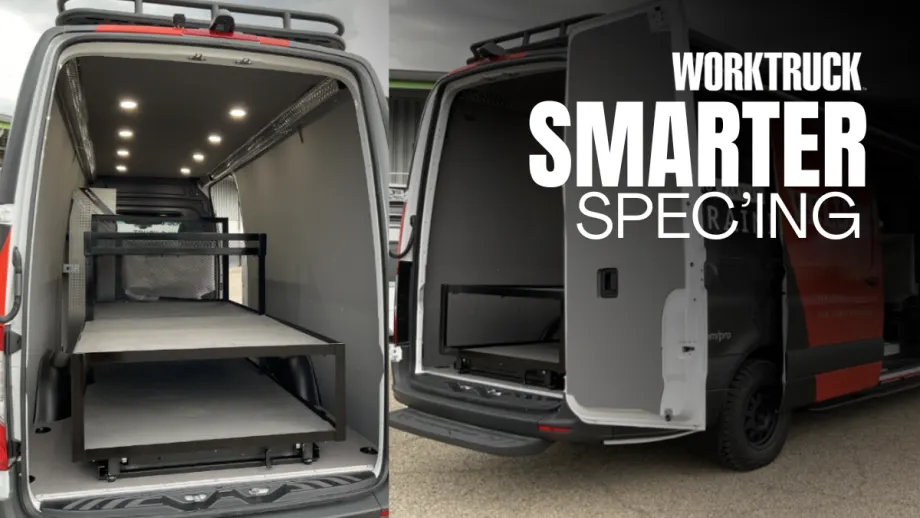 Interior of an upfitted service van with metal shelving, drawers, work surfaces, overhead lighting, and open floor space for organized cargo.