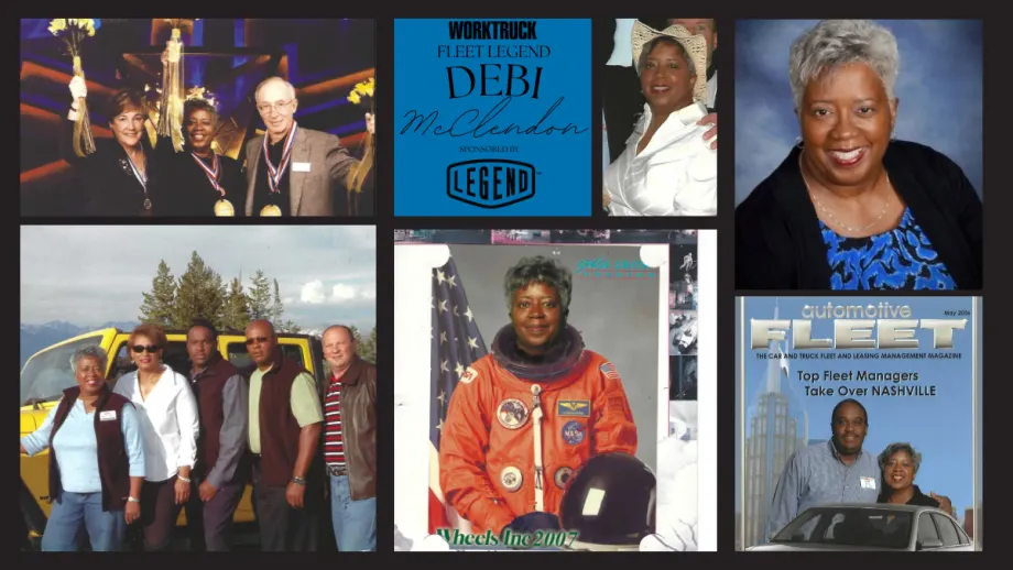 Collage of Debi McClendon throughout her fleet career, including professional portraits, industry events, team photos, and a magazine cover highlighting her leadership achievements.