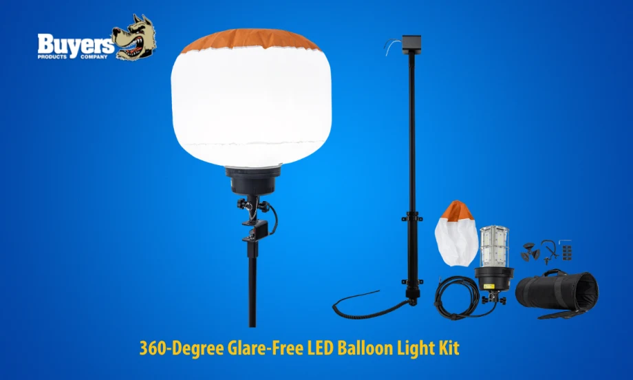 Blue background with inset logo for Buyers Products and images of a balloon lighting kit, with the light inflated on top of a pole.