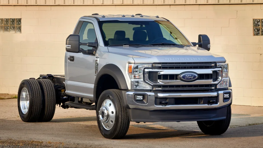 2021 Ford F-600 Super Duty chassis cab parked outdoors, representing diesel models now eligible for sale in California under updated guidance.