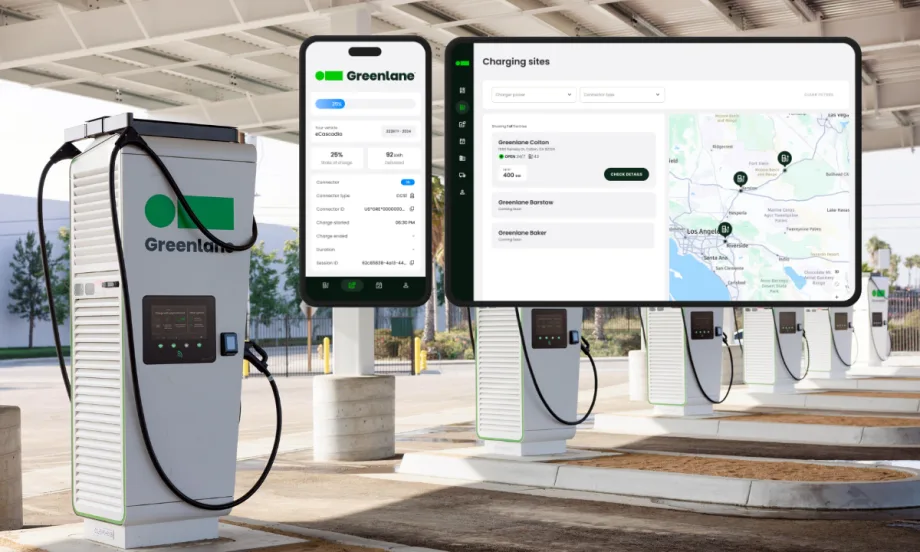 Image of a row of EV charging stations and an inset image of a screenshot from a computer and from a smartphone showing charging data.