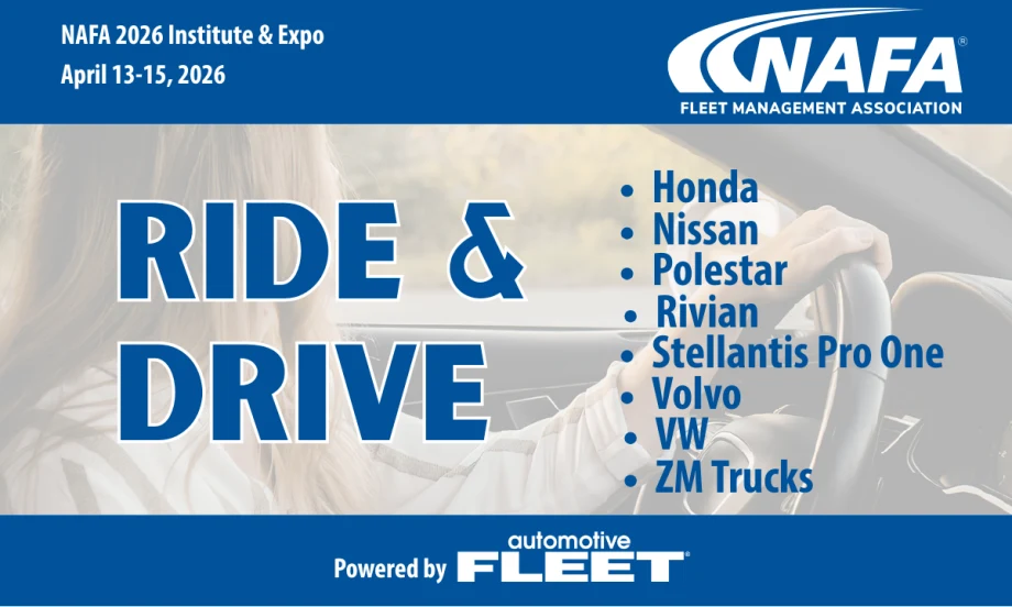 Background faint image of woman driving car with headline for Ride & Drive and logos for NAFA and Automotive Fleet.