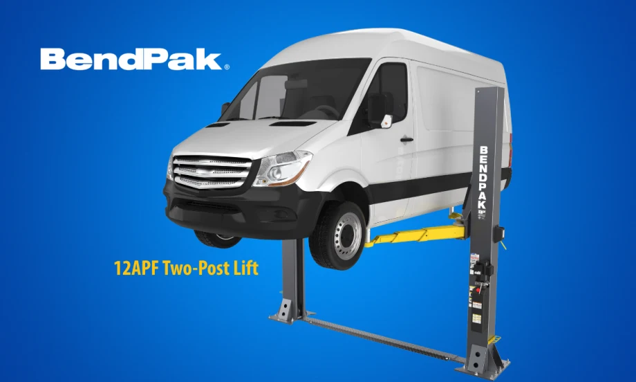 Blue background with image of a white delivery van lifted by an automotive lift, and a logo for BendPak.