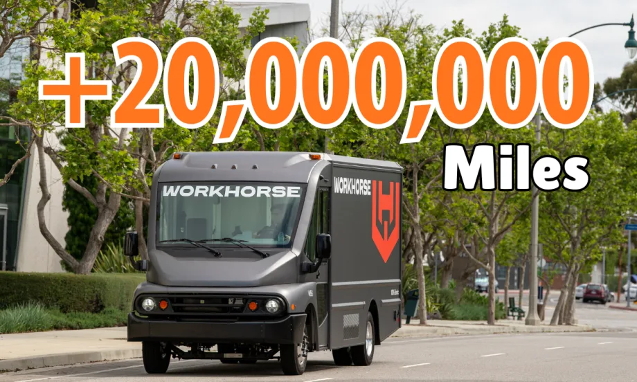 Step van driving down road with large orange headline +20,00,000 miles.