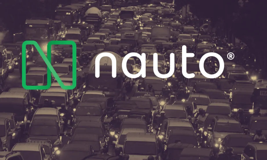 Darkened background image of congested traffic with large Nauto logo in front.