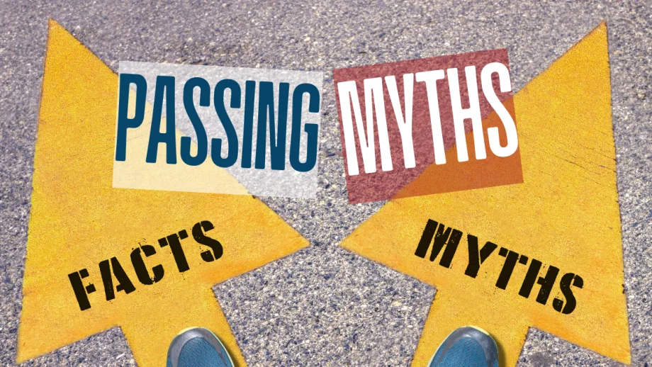 Road arrows labeled facts and myths, representing common misconceptions about passing and the importance of safe, informed driving decisions.
