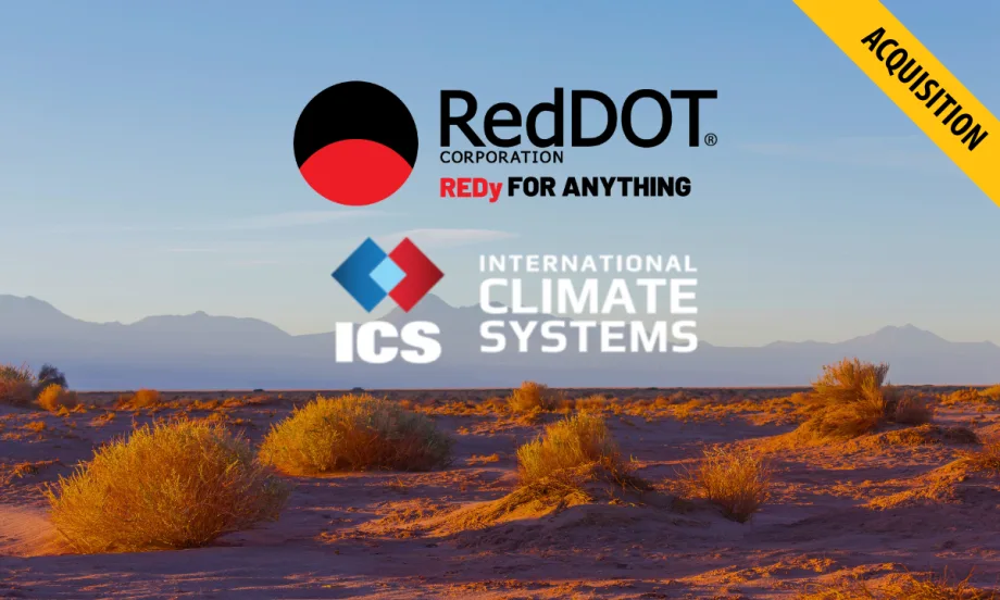 Company logos for Red Dot and International Climate Systems set against a desert background with a blue sky.
