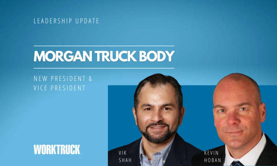 Blue background and headlines for Leadership Update and Morgan Truck Body, with headshots of two men in business attire and Work Truck logo.