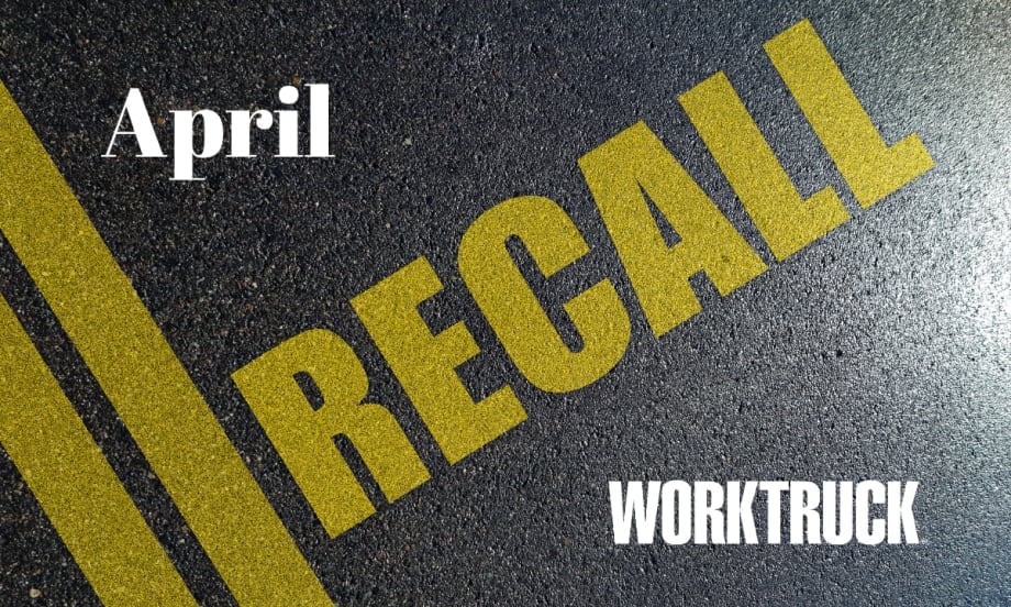 Pavement background with double yellow lines and large text that says Recall, April, and Work Truck logo.
