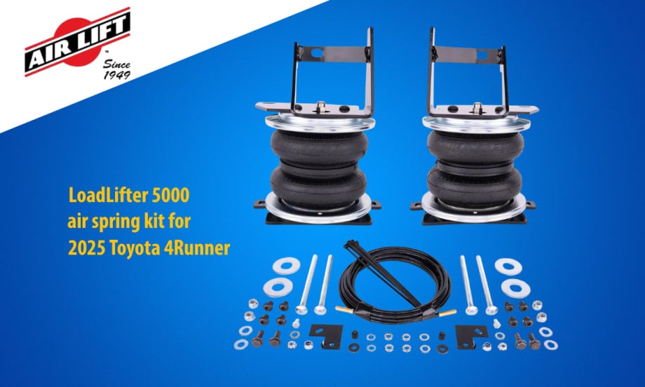 Air suspension kit with all fasteners displayed against a blue background with upper left white area with logo for Air Lift Company.