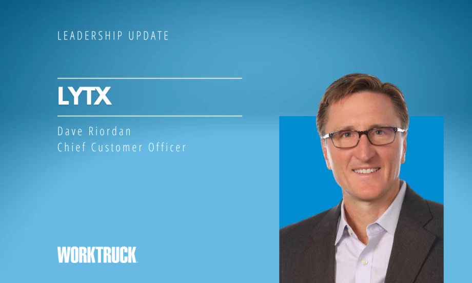 Man in business attire against a blue background and headlines Leadership Update and Lytx, with a logo for Work Truck.