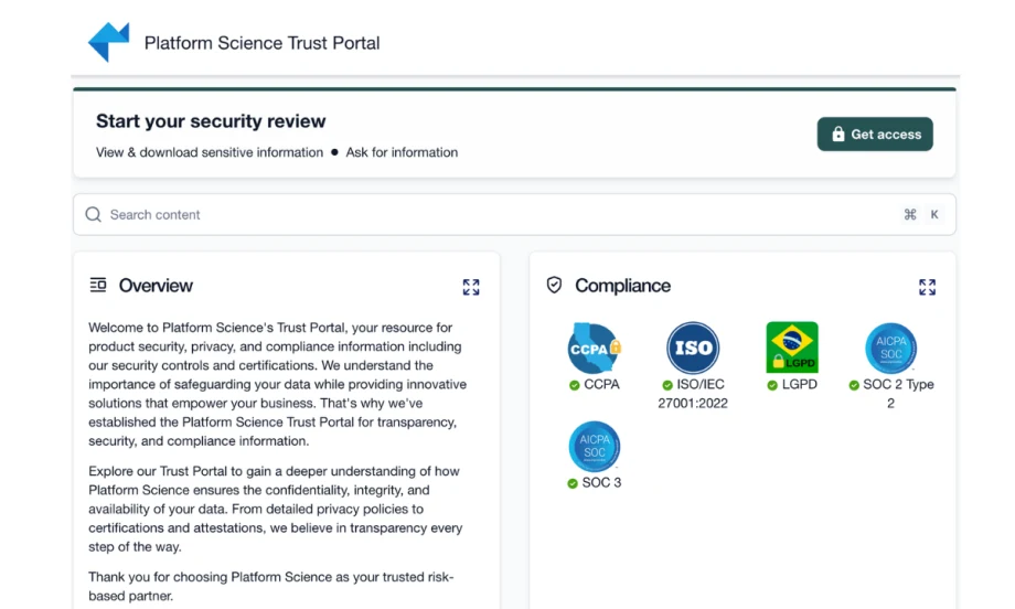 Computer screenshot of a safety and compliance application on a computer screen.