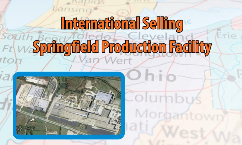 Faint background image of map of Ohio with orange headline International Selling Springfield Production Facility and an inset aerial photo of the manufacturing plant.