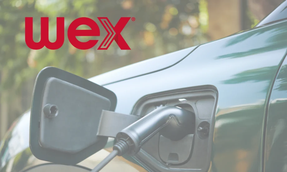 Closeup photo of an EV charger plugged into an EV, with white logo for WEX.