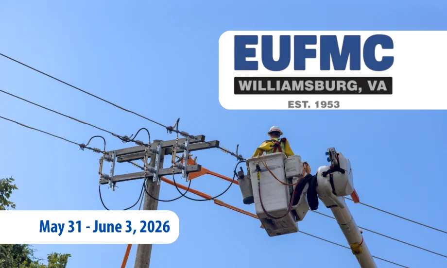 Photo of a utility worker in bucket truck working on powerlines against a blue sky and inset logo for EUFMC.