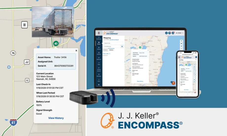Image of a GPS map on the left and, at right, a photo of a laptop and phone displaying map software, and a logo for J.J. Keller Encompass.