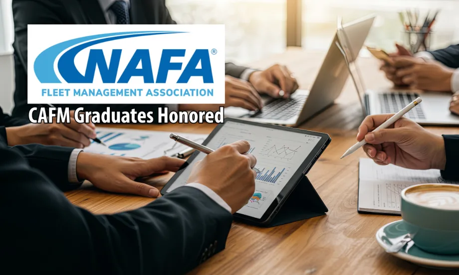 Business professions seated around a table working on laptops and taking notes, with logo for NAFA and headline CAFM Graduates Honored.