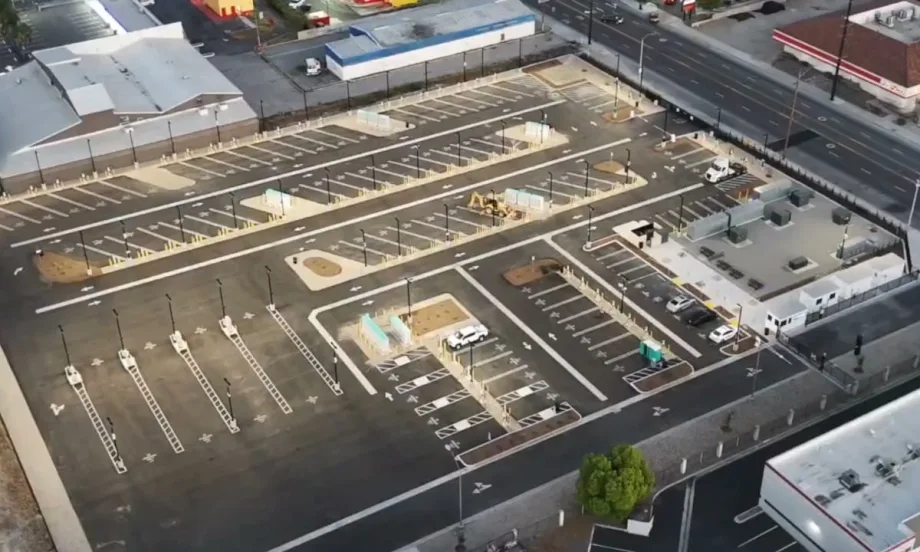 Artist rendering of an ev charging facility from an overhead view.