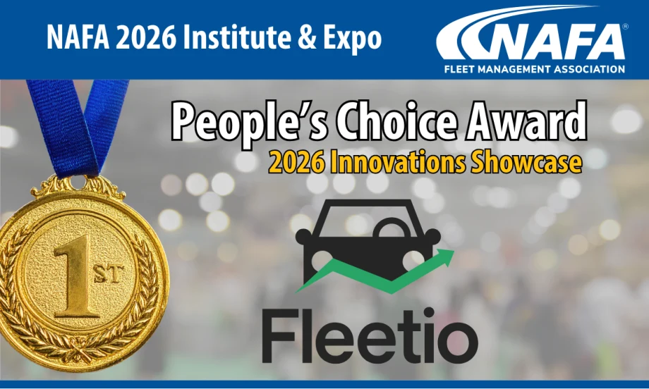 Blurred image of tradeshow with logos for NAFA and Fleetio, plus image of a first place metal and headline People's Choice Award.