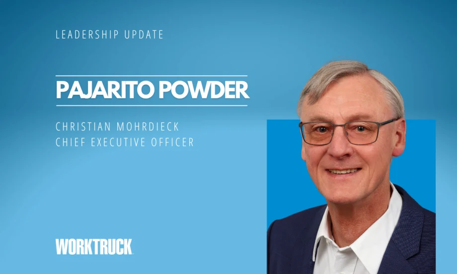 Man in business attire against a blue background with logo for Work Truck and headlines Leadership Update and Pajarito Powder.