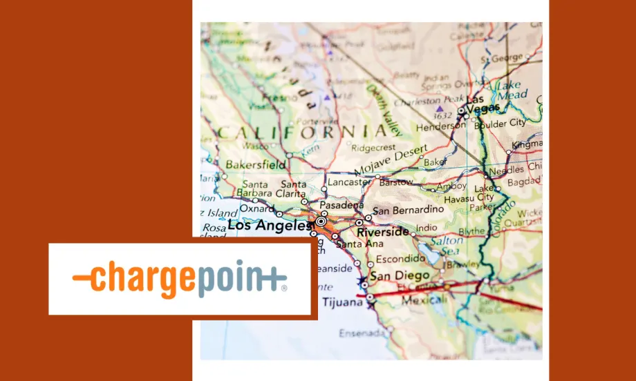 Map of Southern California, surrounded by orange background on left and right, and an inset logo for ChargePoint.