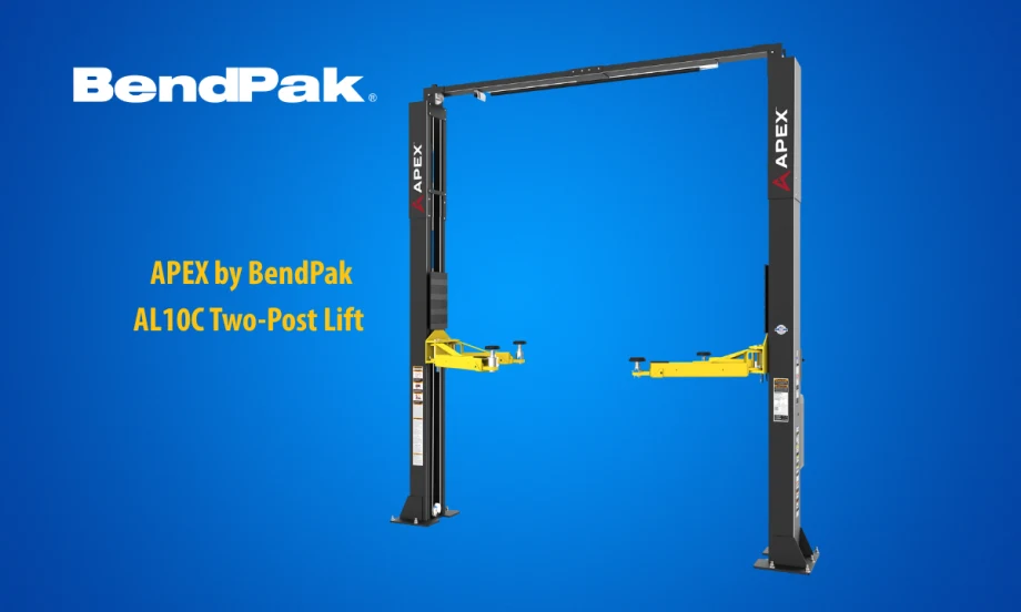 Two post auto lift displayed against a blue background with logo for BendPak and small headline APEX by BendPak AL10C Two-Post Lift.