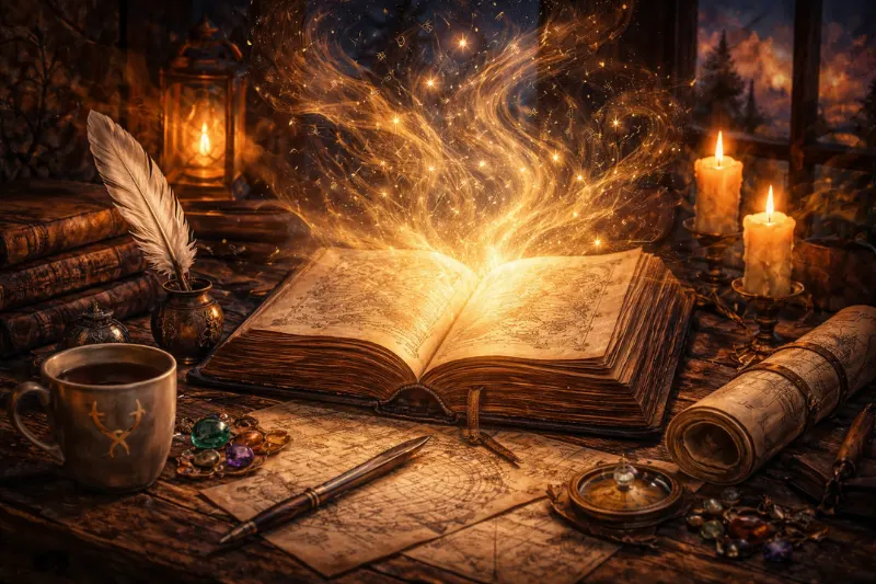 Open glowing book on a wooden table with candles, quill, and maps, with golden light and magical particles rising from its pages in a fantasy-style illustration.