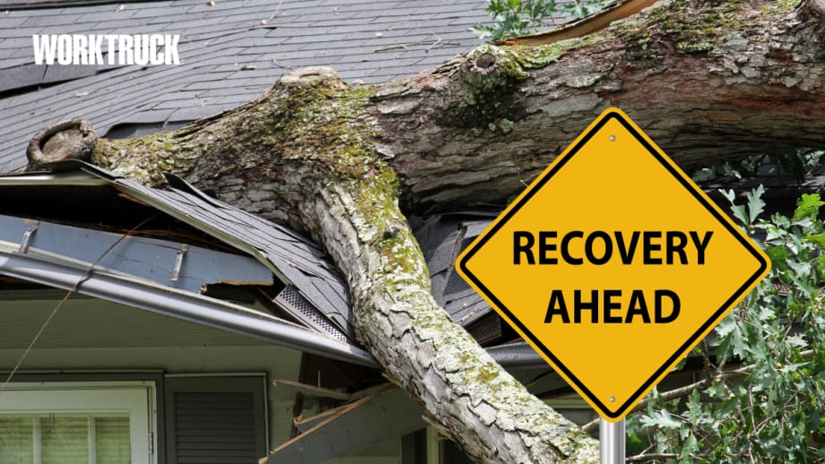 Large fallen tree crushing a house roof with a “Recovery Ahead” sign, symbolizing disaster aftermath and increased operational risks during recovery phases.