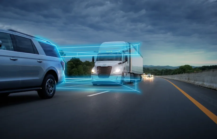 Futuristic image of tractor trailer and sensors detecting a car it is approaching at dusk.