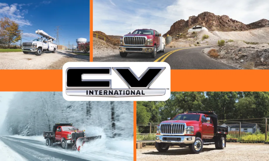Composite image showing four different photos of a truck ranging from desert to snow, with an orange stripe across the middle of the image with while logos for International and CV Series.