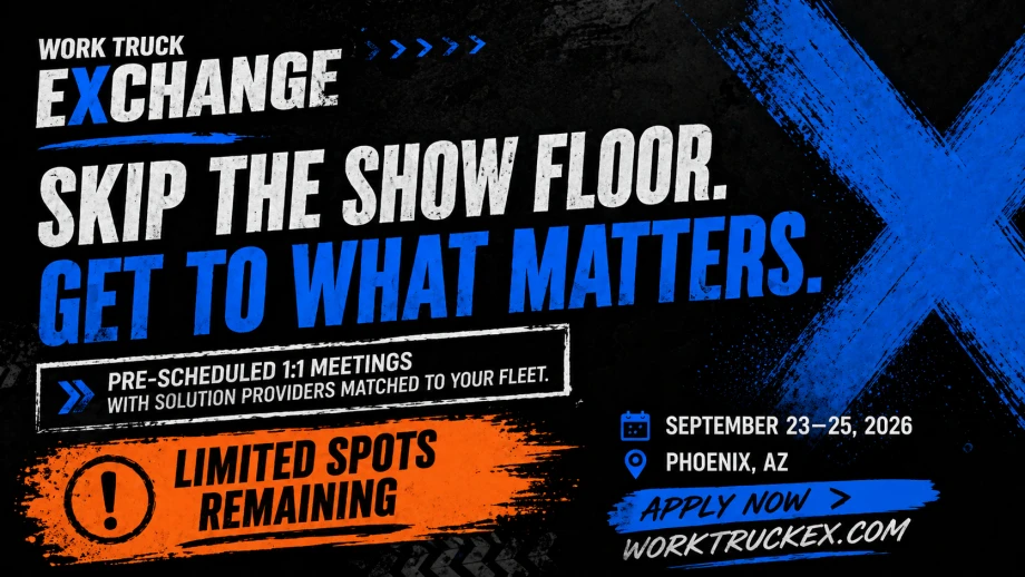 Graphic promoting Work Truck Exchange with bold text highlighting pre-scheduled meetings, limited spots remaining, and event details for Phoenix, Arizona.