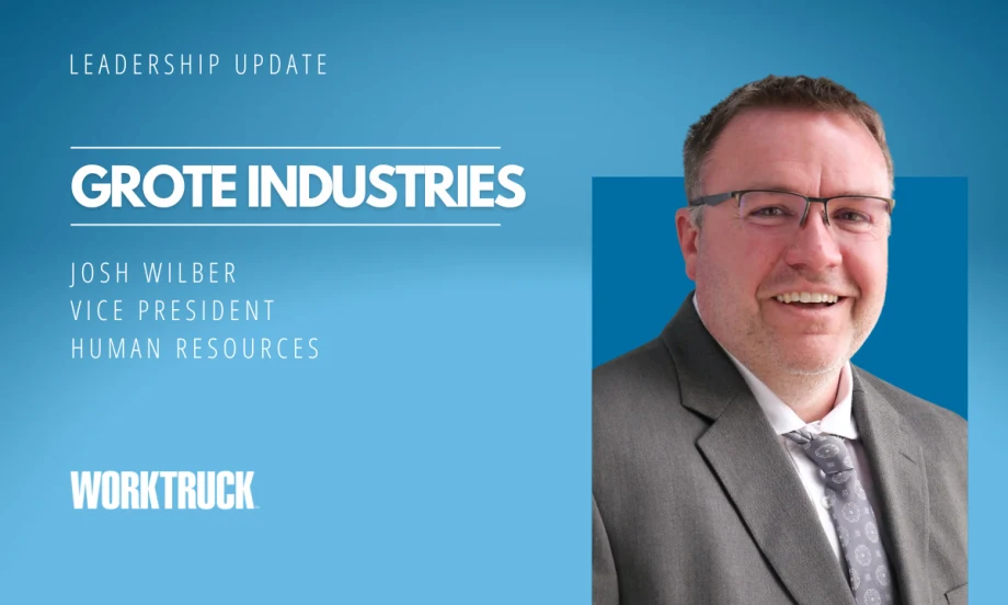 Man inn business attire against a blue background with logos for Leadership Update and Work Truck and headline Grote Industries.