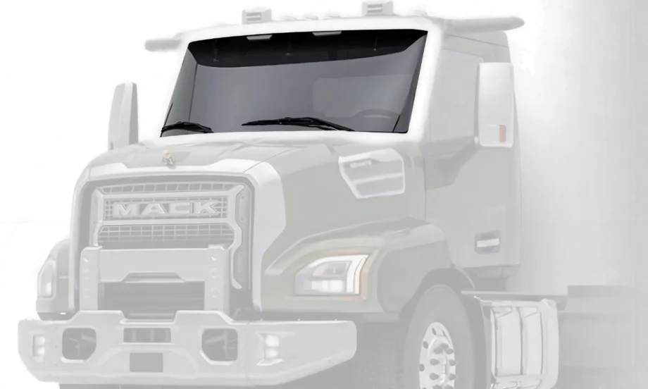 Transparent image of the front of a Mack Truck with a darkened windshield.