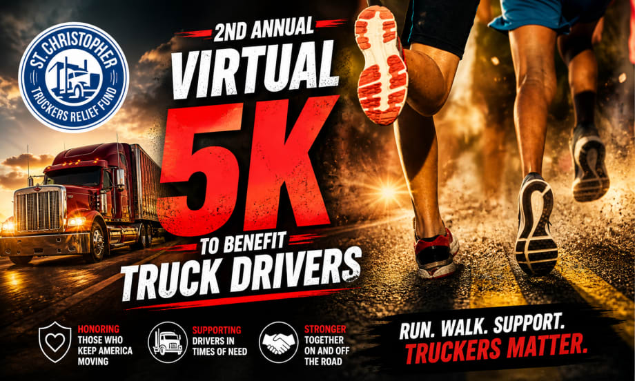 Graphic illustration of runners' feet on glowing pavement to the right, a big rig truck on the left, and headline for a virtual 5k to benefit truck drivers.