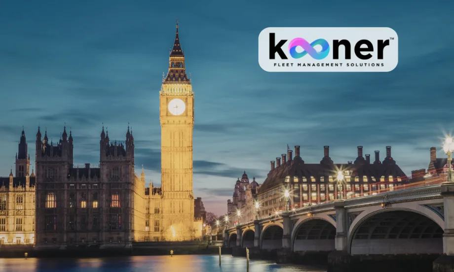 Skyline of London with a blue sky and an inset logo for Kooner.