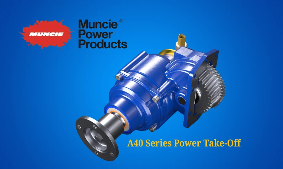 Image of blue power take off automotive part against a blue background and a logo for Muncie Power Products.